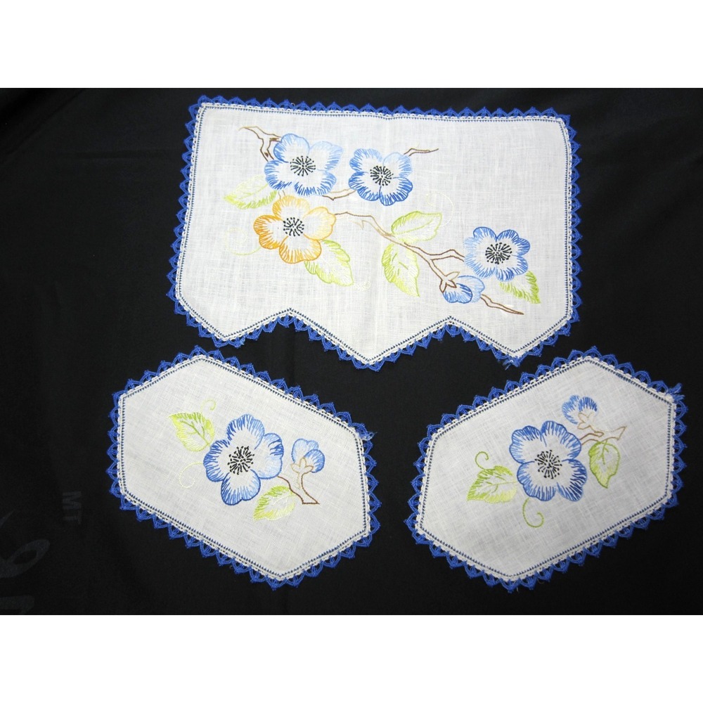 3 Piece Vintage Embroidered Dresser Vanity Set Blue and White w/ Floral designs
